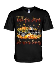 Fall for Jesus He never leaves V-Neck T-Shirt tile