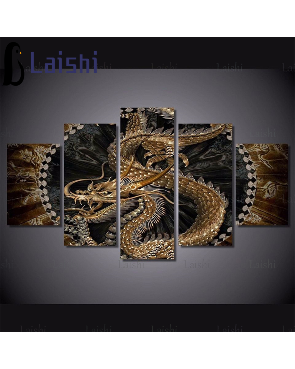 5Pcs Picture Of Rhinestones Mosaic Golden Dragon Full Embroidery Paint With Diamonds Painting Crystal Beads Home Decor template