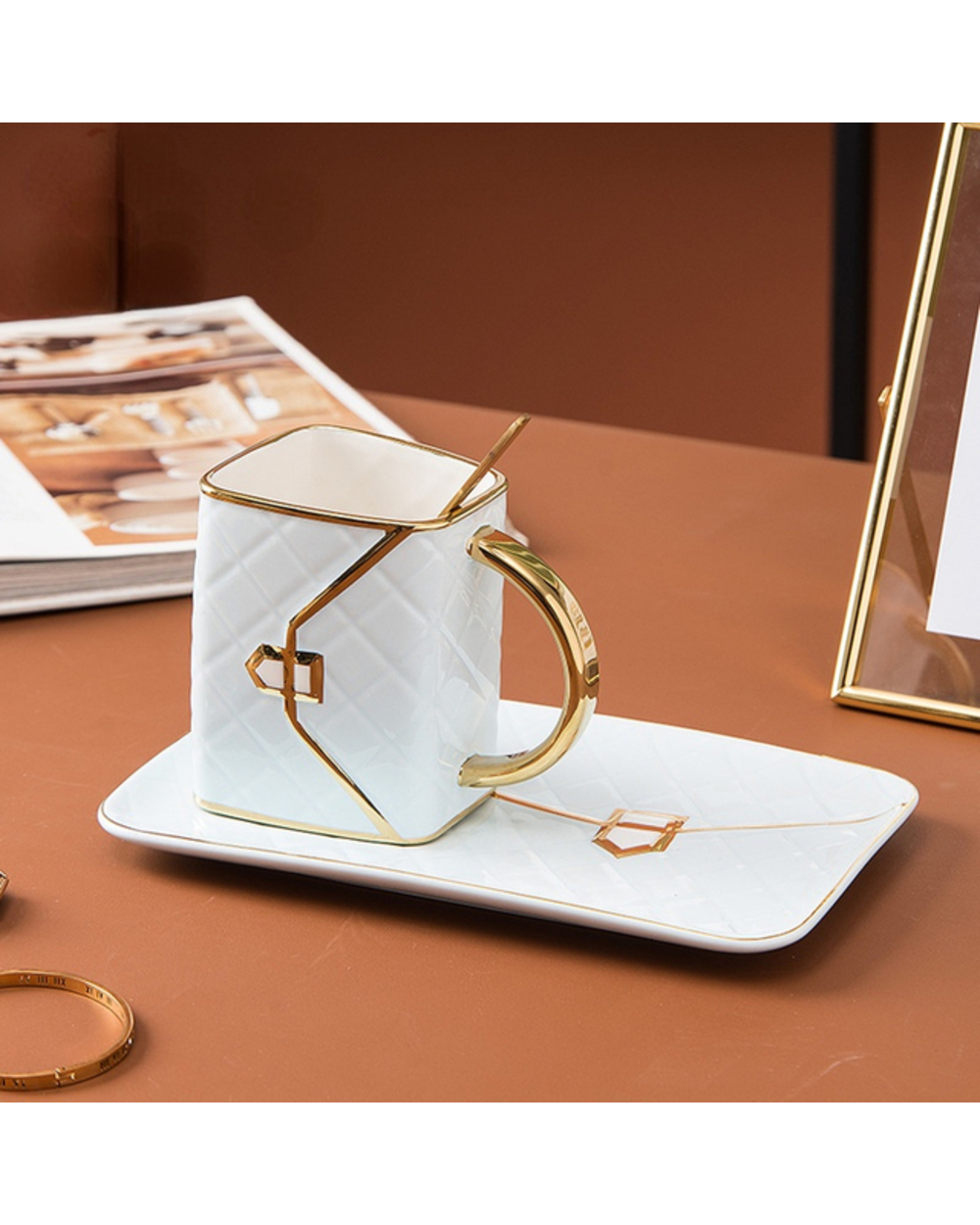 Net Red Painted Gold Coffee Cup And Plate Set Creative Bag Shape Dessert Ceramic Plate Business Gift Mug template
