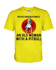 Pitbull Old Woman V-Neck T-Shirt tile