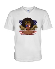 Black Girl Style America Flag Leo Pattern Black Pride Juneteenth V-Neck T-Shirt tile