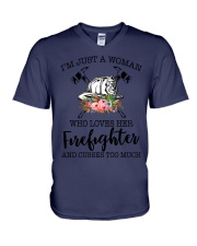 I'm a woman who loves her firefighter and cusses V-Neck T-Shirt thumbnail