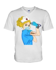 Blond Hair Nurse Strong Women During Pandemic Gift V-Neck T-Shirt tile