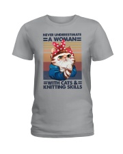 Knitting Never underestimate a woman with cats Ladies T-Shirt tile