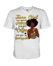 June Girl with Jesus in my heart design V-Neck T-Shirt tile