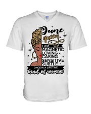 June queen i am magnetic loving caring sensitive subtle once in a lifetime kinol of woman V-Neck T-Shirt tile