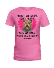 yorkies first we steal your heart Ladies T-Shirt tile