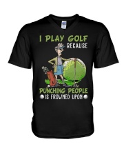 I play golf because punching people V-Neck T-Shirt tile