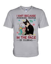 I knit because punching people is illegal V-Neck T-Shirt tile