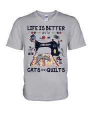 Life is better with cats and quilts V-Neck T-Shirt tile