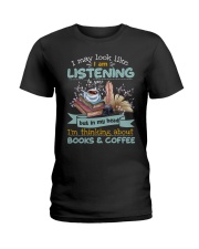 I'm thinking about books coffee Ladies T-Shirt tile