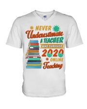 Never Underestimate A Teacher Who Survived 2020 V-Neck T-Shirt tile