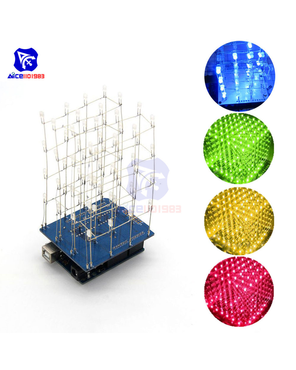Diy Kit 74Hc595 3D Led Electronic Light 4X4x4 Led Blue/Green/Red/Yellow 64 Cuboids Shield For Arduino I/O Io Expansion template
