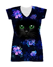Black Cat with Purple Flowers All-over Dress thumbnail