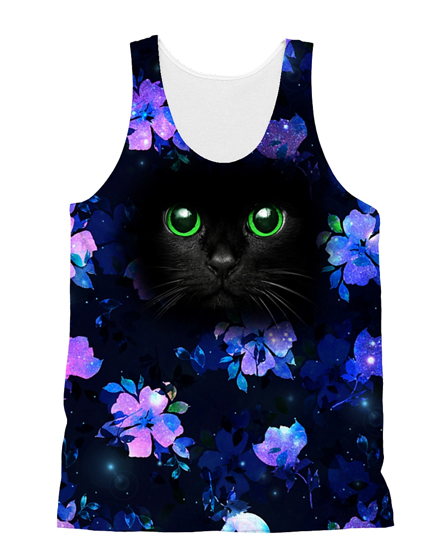 Black Cat with Purple Flowers All-over Unisex Tank