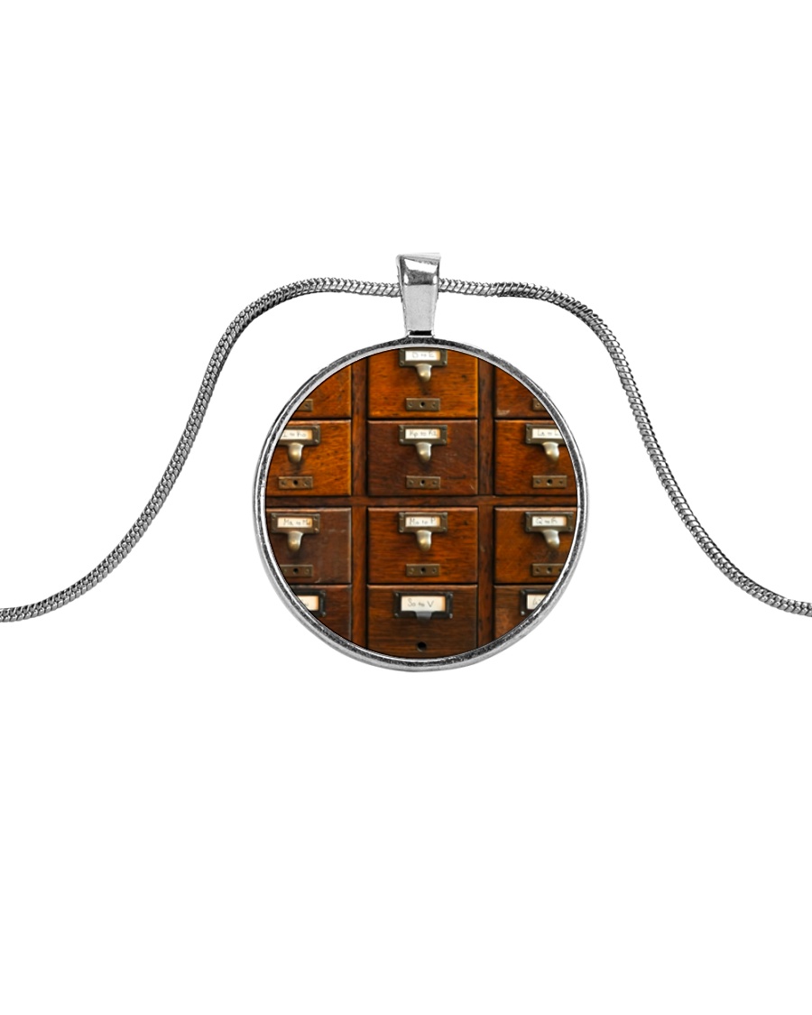 Librarian Library Card Catalog Art Metallic Circle Necklace