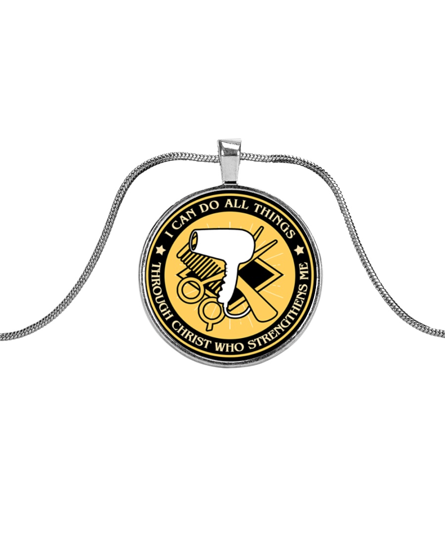Hairdresser Christ Who Strengthens Me Metallic Circle Necklace