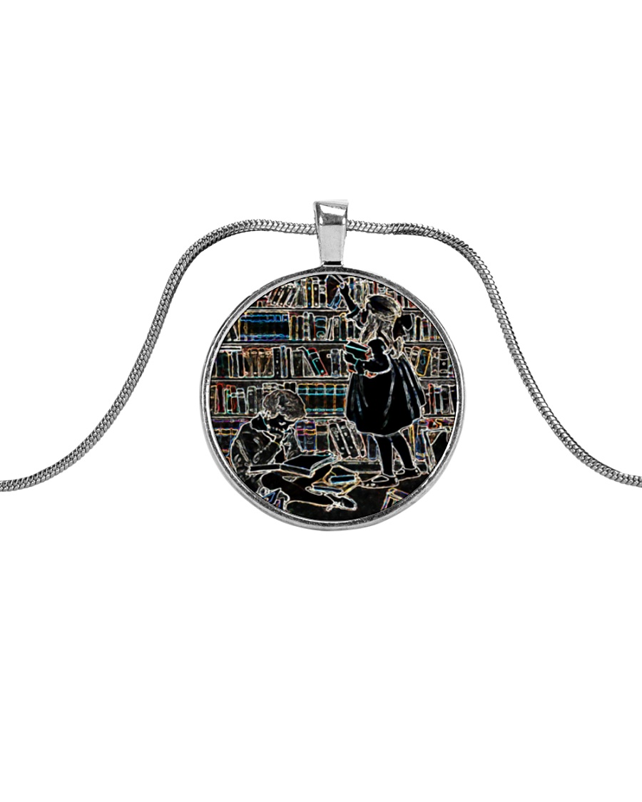 Librarian Girl and Boy Reading Books in Library Metallic Circle Necklace