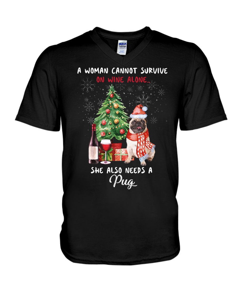 Christmas Wine and Pug V-Neck T-Shirt