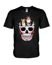 Half Skull Border Collie V-Neck T-Shirt thumbnail