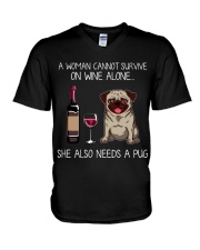 Wine and Pug V-Neck T-Shirt thumbnail