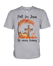 Fall For Jesus He Never Leaves V-Neck T-Shirt thumbnail