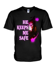 He Keeps Me Safe Red Pink Sky V-Neck T-Shirt tile