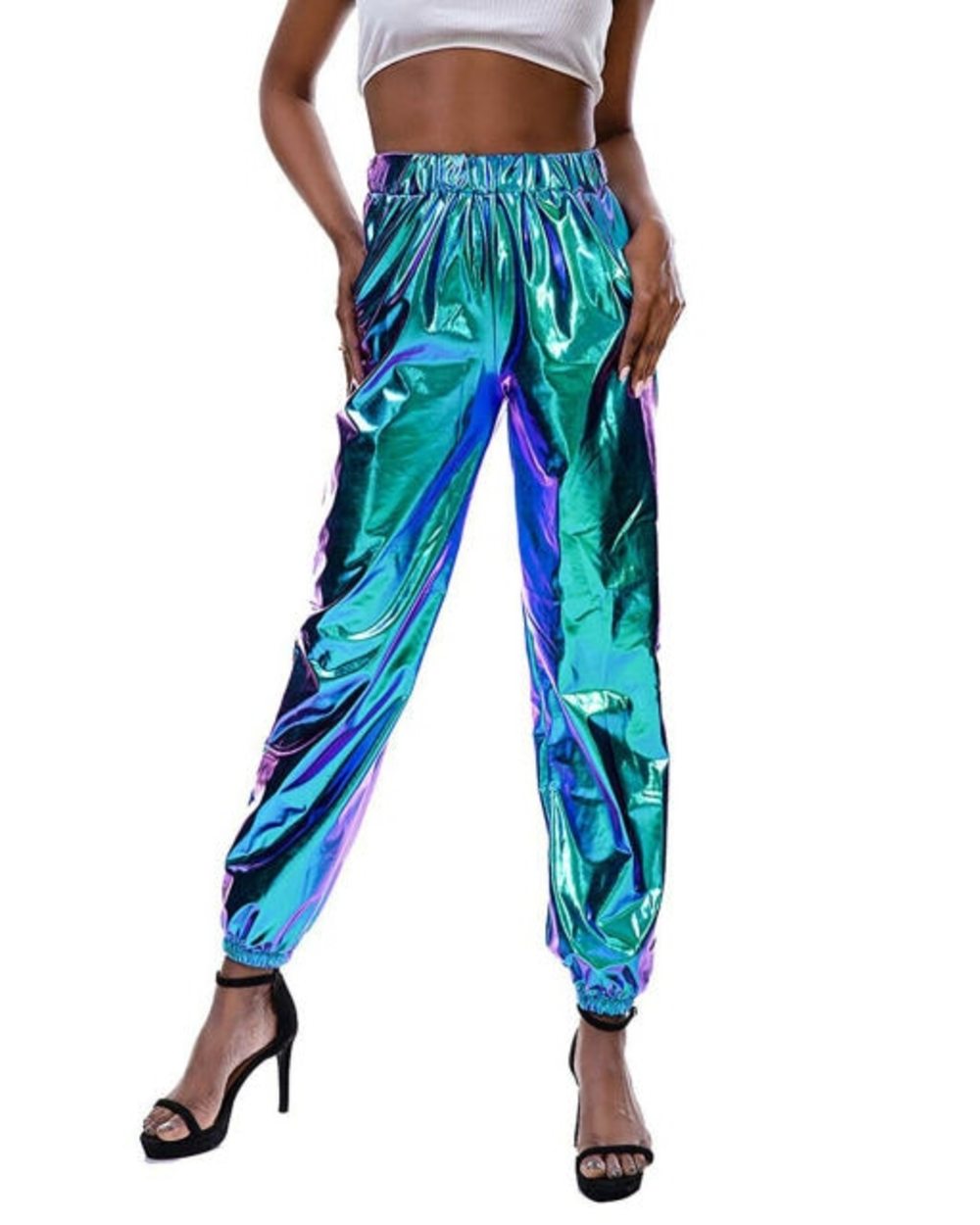 Metallic Shiny Jogger Pants Women Harem Hip Hop High Waisted Glittening Streetwear Elastic Trousers template