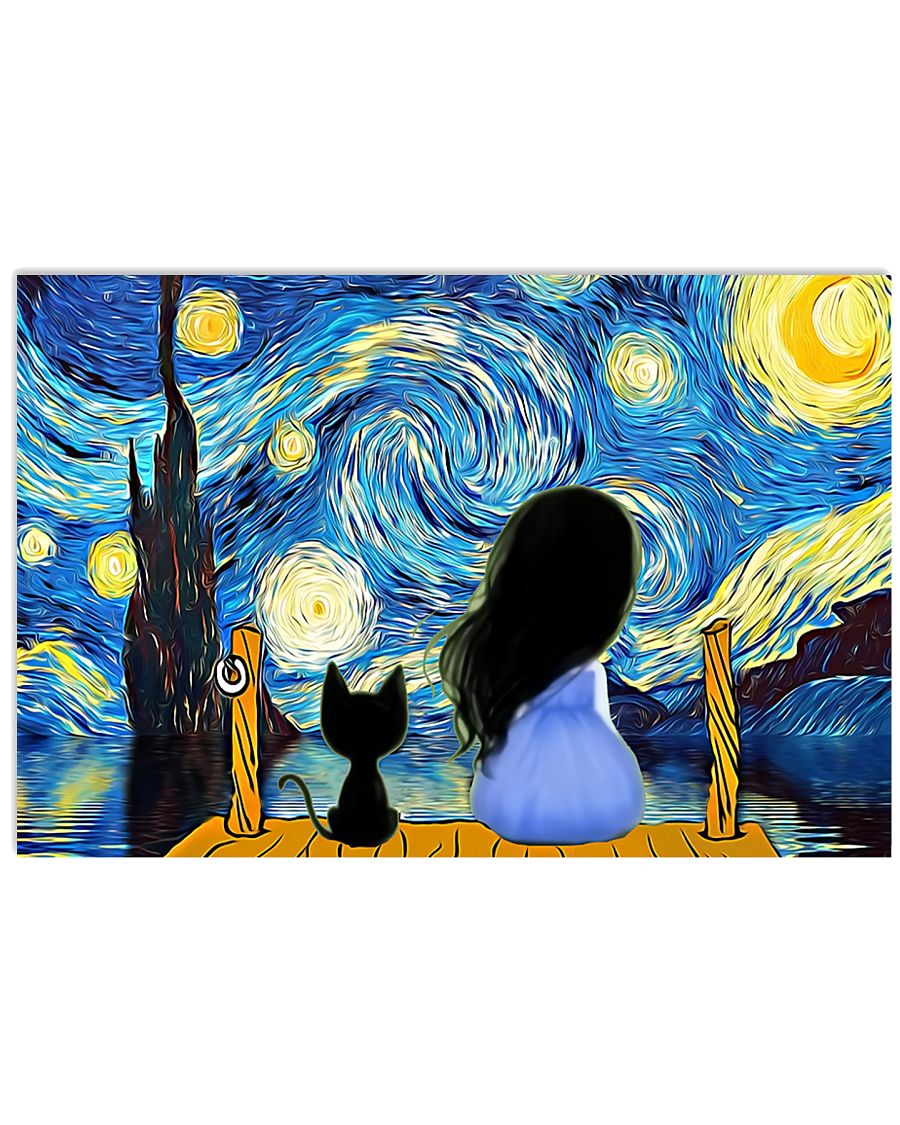 Girl And Cat Starry Night 17x11 Poster