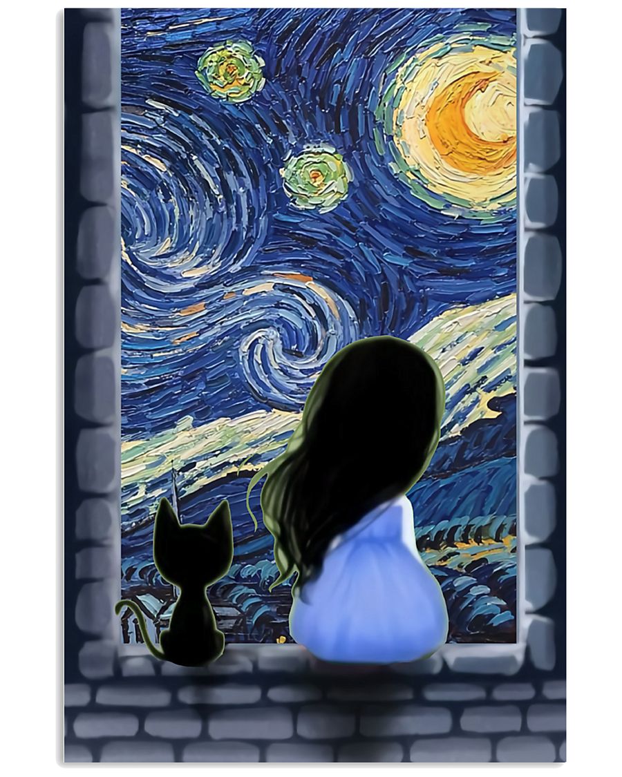 Girl And Cat Starry Night 11x17 Poster
