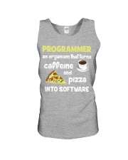Turns caffeine and pizza into software Unisex Tank front
