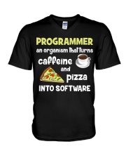 Turns caffeine and pizza into software V-Neck T-Shirt thumbnail