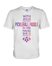 Jesus in her heart and pickleball paddle in her hand She is unstoppable V-Neck T-Shirt tile