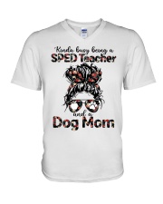Messy bun hair kinda busy being a Sped Teacher and a Dog mom V-Neck T-Shirt tile