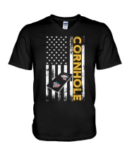 Cornhole USA American flag V-Neck T-Shirt tile