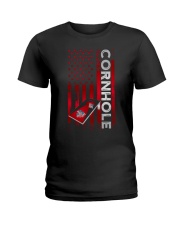 Cornhole Board Game USA American flag Ladies T-Shirt tile