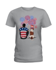 American Bulldog Black Hair Man 4th July Ladies T-Shirt tile