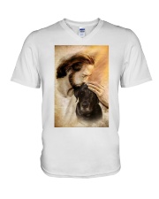 Jesus with lovely black dog cus V-Neck T-Shirt tile
