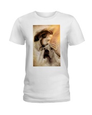 Jesus with lovely white dog cus Ladies T-Shirt tile