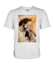 Jesus with lovely white dog cus V-Neck T-Shirt tile