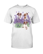 Brittany Spaniel and Gorgeous Purple flower Classic T-Shirt front