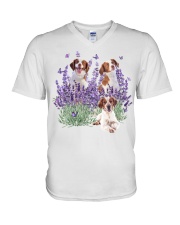 Brittany Spaniel and Gorgeous Purple flower V-Neck T-Shirt tile