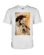 Jesus with lovely Fox terrier - for Fox terrier lover V-Neck T-Shirt tile