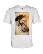 Jesus with lovely brown husky V-Neck T-Shirt tile