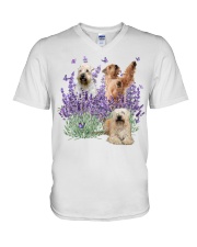 Soft Coated Wheaten Terrier and Purple flower V-Neck T-Shirt tile