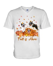 Boston Terriers fall is here - for Boston Terrier lover V-Neck T-Shirt tile