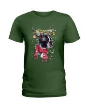 Boston Terrier reindeer under snow for boston terrier lover Ladies T-Shirt tile