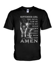 The devil saw me with my head down until I said Amen september V-Neck T-Shirt tile