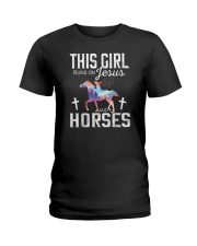 This girl rungs on Jesus and horses Ladies T-Shirt tile