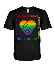 Kindness Peace Equality Human Inclusion Hope Diversity Love V-Neck T-Shirt tile